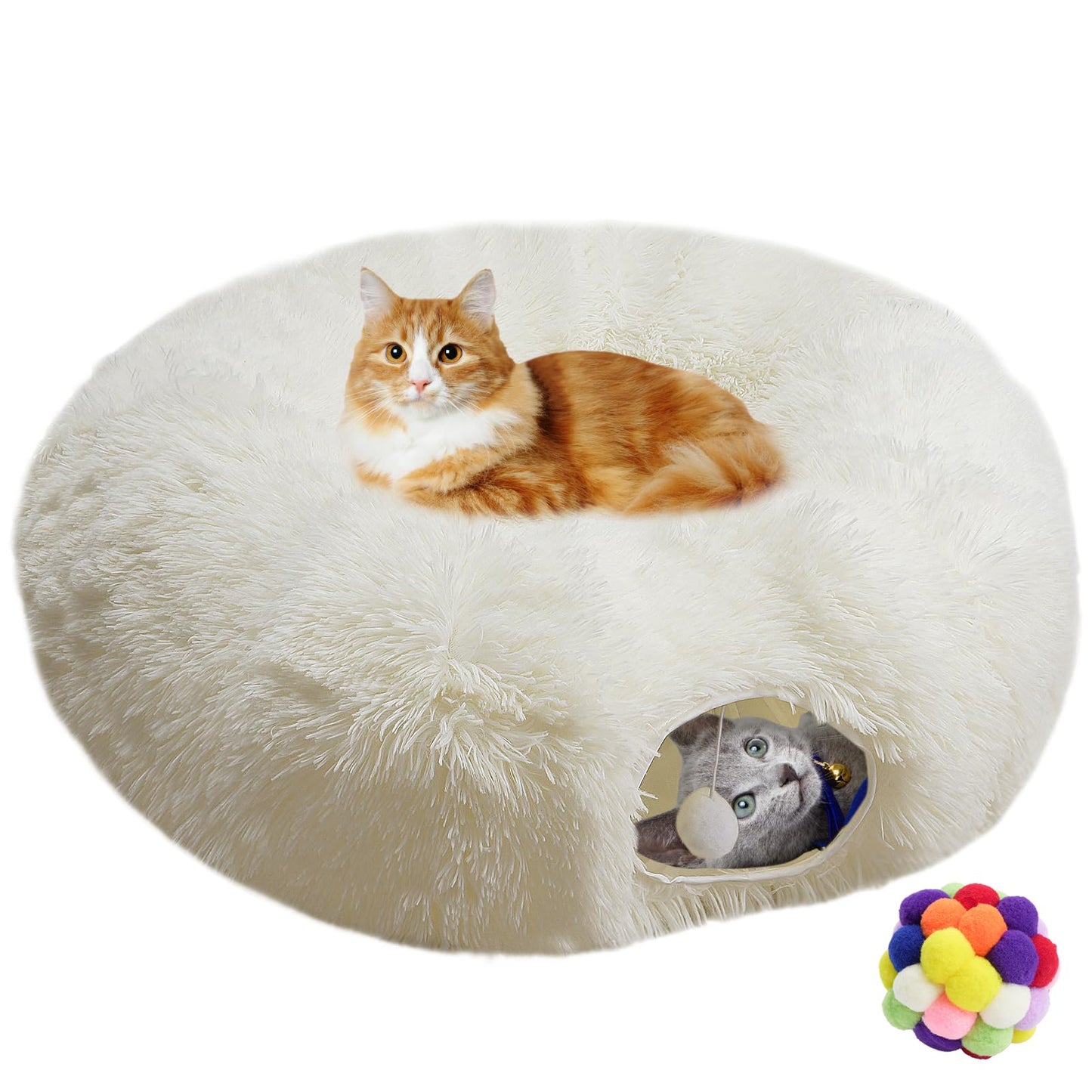 Naielfopet White Fluffy Warm Plush Cat Tunnel Bed Soft Collapsible Multi-Combinations Cat Tube Playgound Toys Cat Donut Tunnel for Indoor Cat Kitty Kitten Puppy Rabbit Ferret