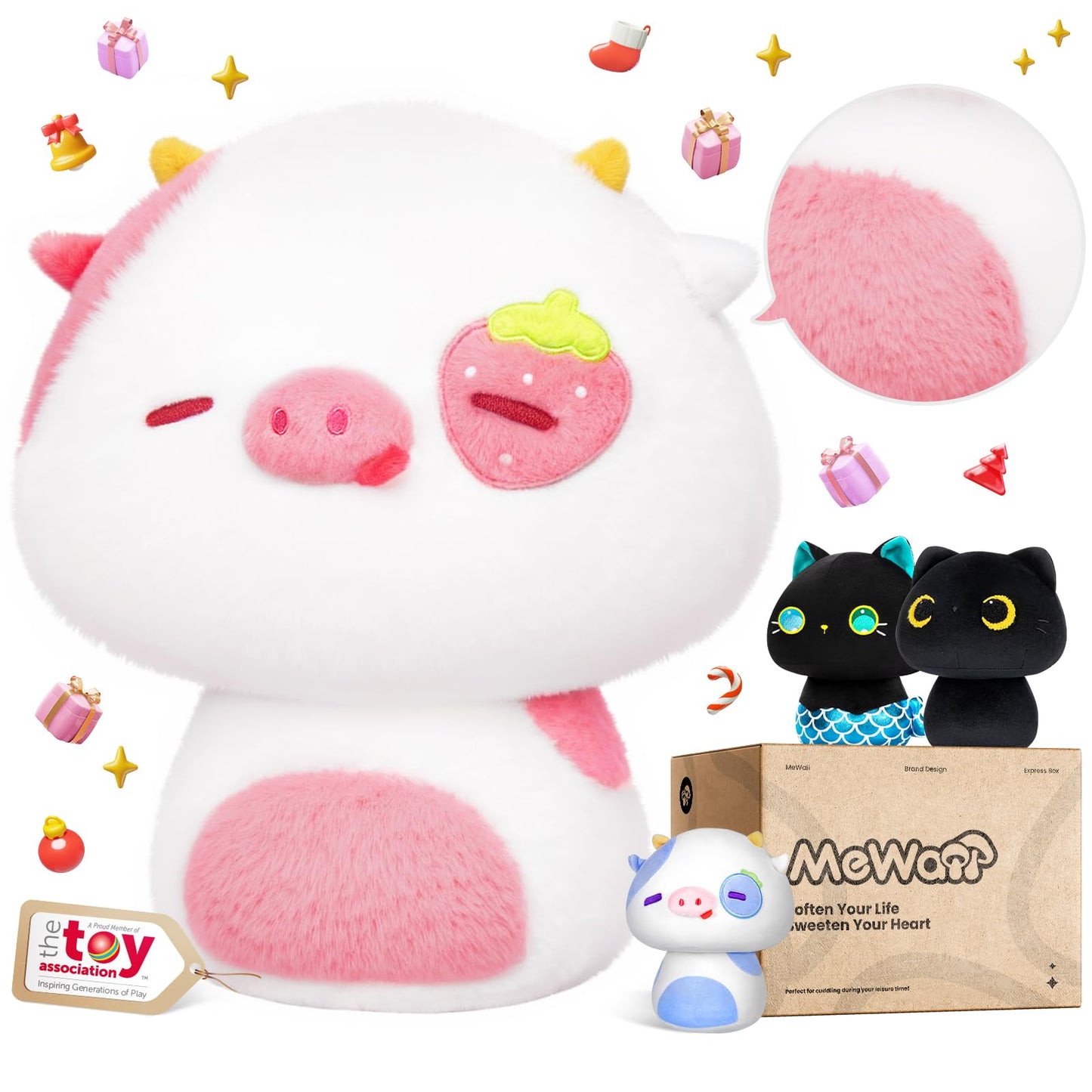 Mewaii Squishy Cloud-Like Softness Trending Kawaii Strawberry Cow Mushroom Plush Pillow A Must-Have Collectible for Young Adults Perfect for Kids Toddlers Girls Stuffed Animal (14")