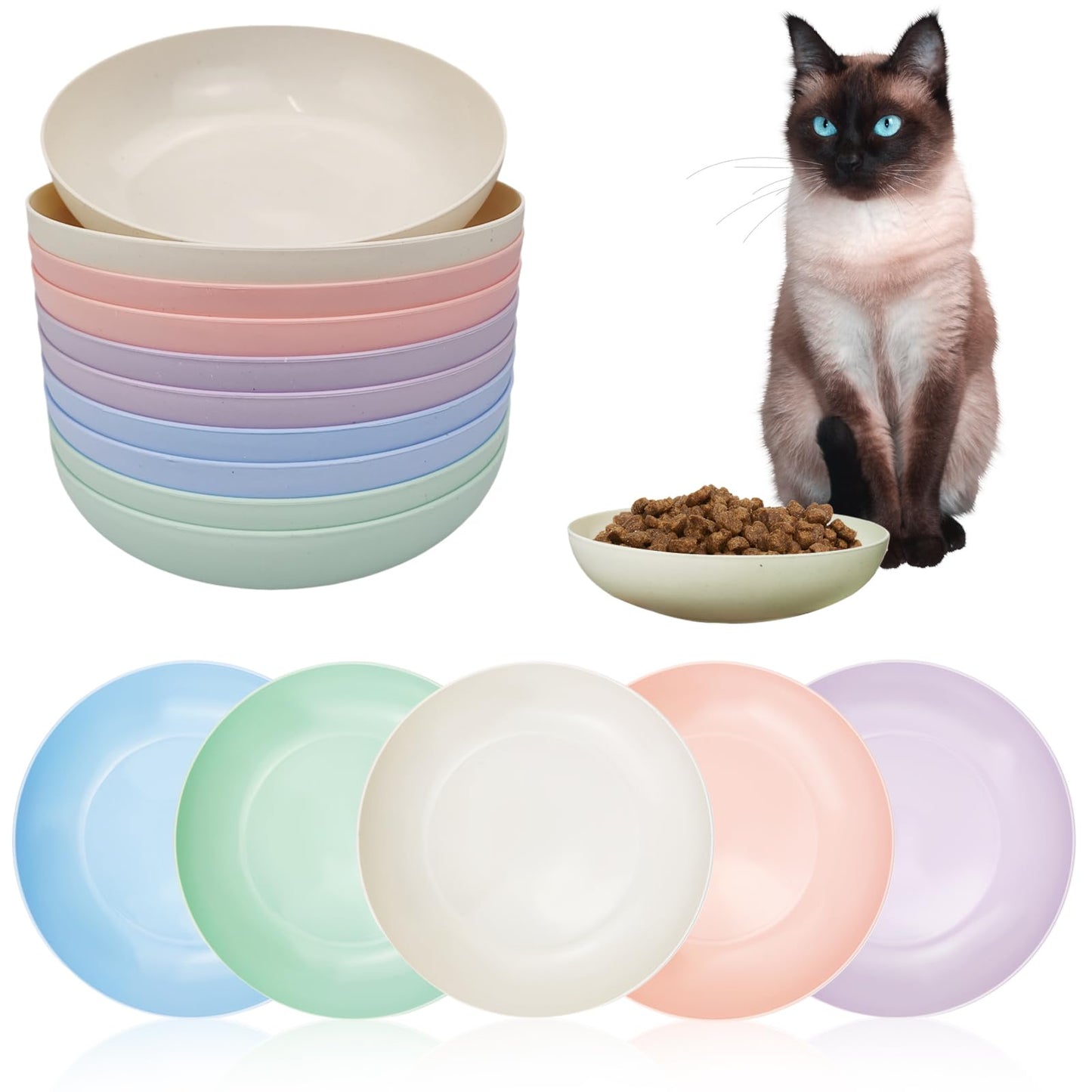 10 Pieces Whisker Fatigue Cat Bowl 5.7 Inch Cat Dishes for Food and Water Shallow Cat Food Bowl Wide Wheat Straw Cat DishesSmall Pet Plate for Kittens and Short Legged Cat (10Pcs Round)