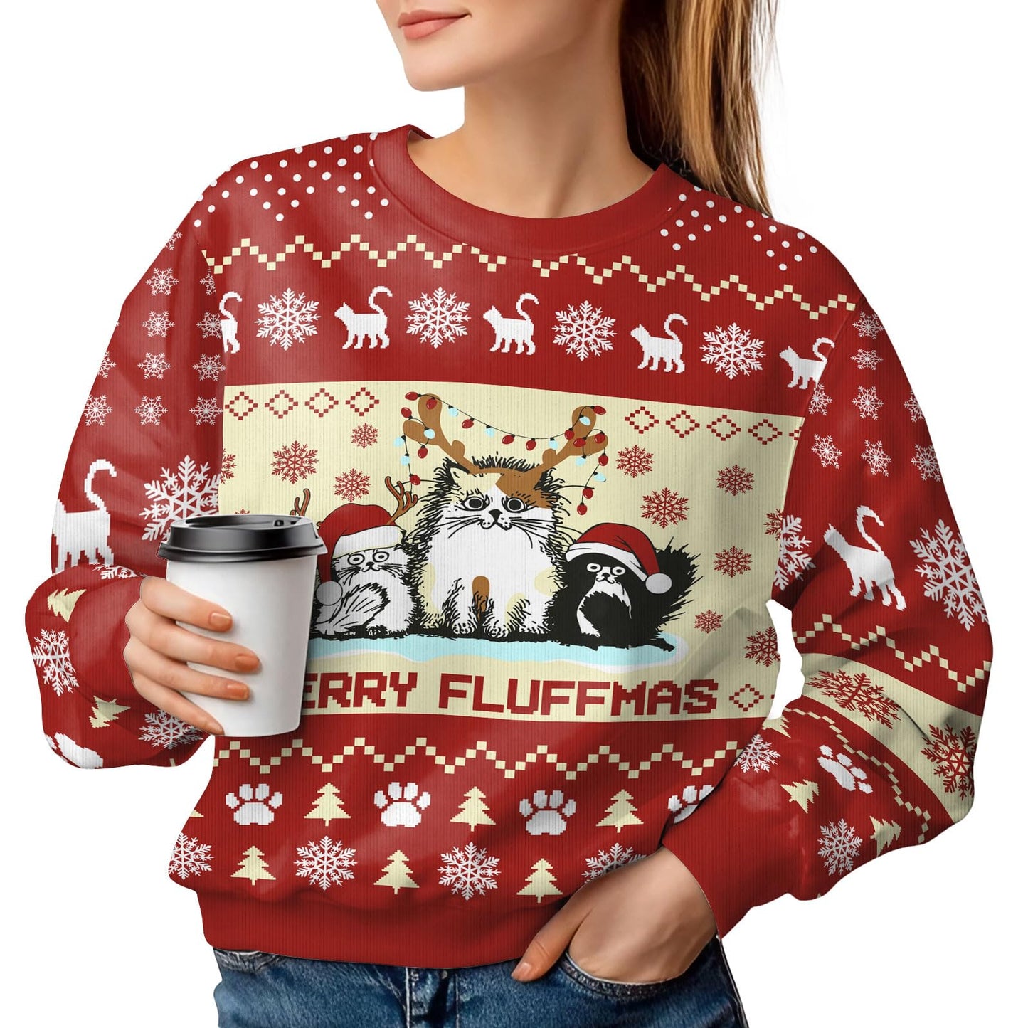 34HD Cat Print Ugly Christmas Sweater for Women Cat Lovers Sweater Long Sleeve Funny Cat Gifts