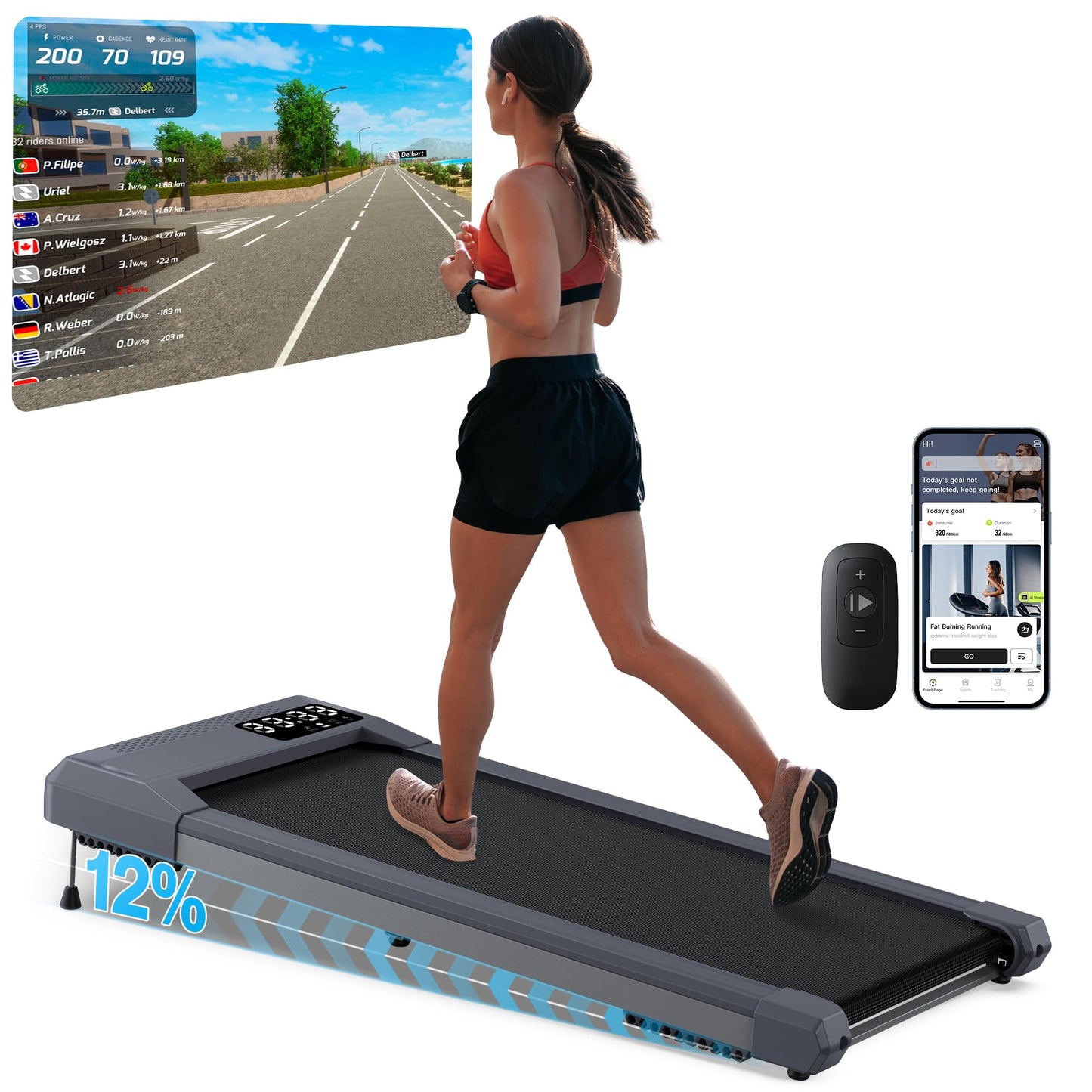 WELLFIT Walking Pad Under Desk Treadmill with Incline Portable Walking Pad Treadmill for Home and Office with APP & Remote Control and LED Display 320 lbs Capacity