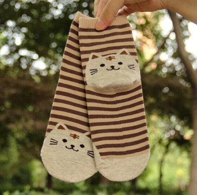 3D Cat Striped Cotton Socks - Cute Cat Design