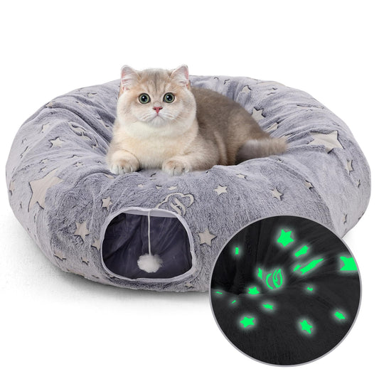 Cat Tunnel Bed 3 FT Collapsible Cat Tunnels Cat Donut Tube with Fluffy Toy Balls Pom Pom Ball & Cat Mice Cat Toy Self-Luminous Peekaboo Cat Cave for Large Cats Small Animals Puppy Kitten
