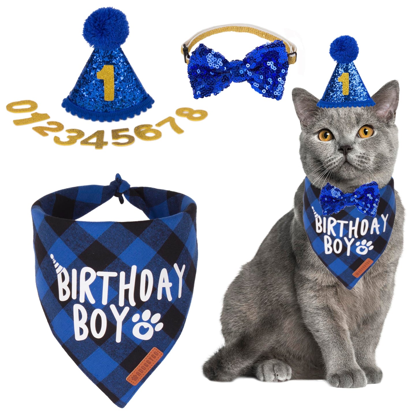 ADOGGYGO Cat Birthday Party Supplies Birthday Boy Plaid Cat Bandana Cute Cat Bowtie Cat Birthday Hat with Numbers Pet Birthday Outfit for Cat Kitten (Blue)