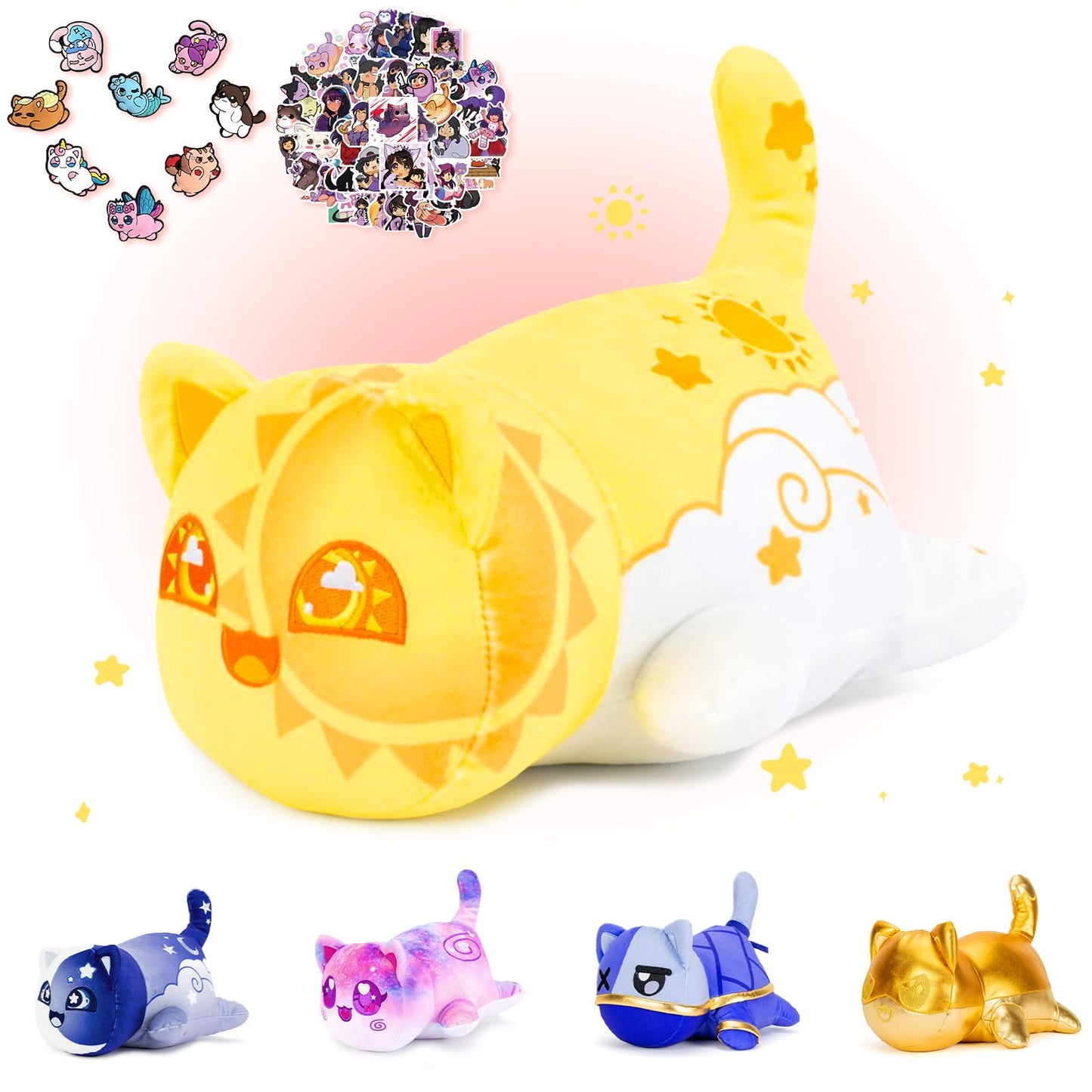 69-PCS丨Sun Cat Plush + 60-Sticker - Galaxy Cat Collection - 100% Embroidered Plushie - Cat Stuffed Animal Collectible (Sun Cat)