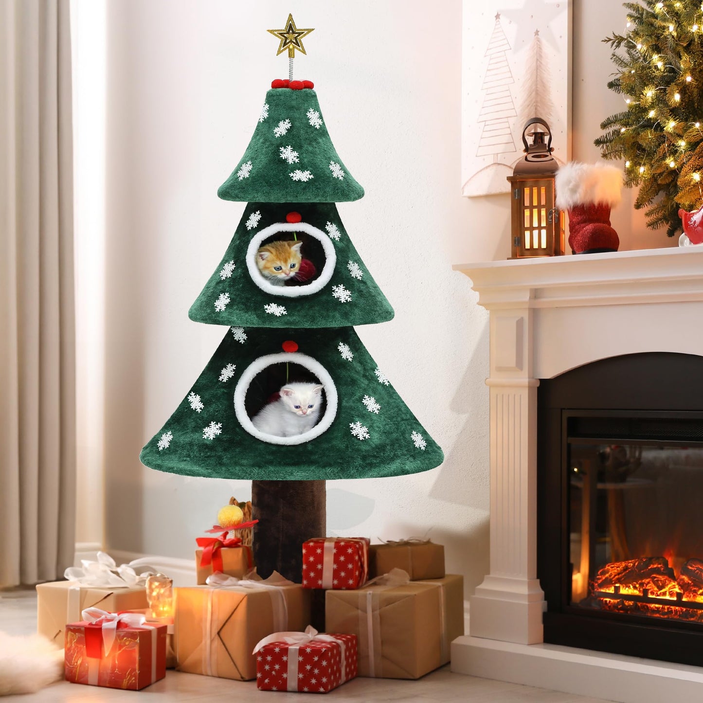 YITAHOME Christmas Cat Tree with 2 Cat Houses 52 in Cat Tower for Indoor Cats Cat Furniture with Cat Teaser Toy for Christmas Decoration
