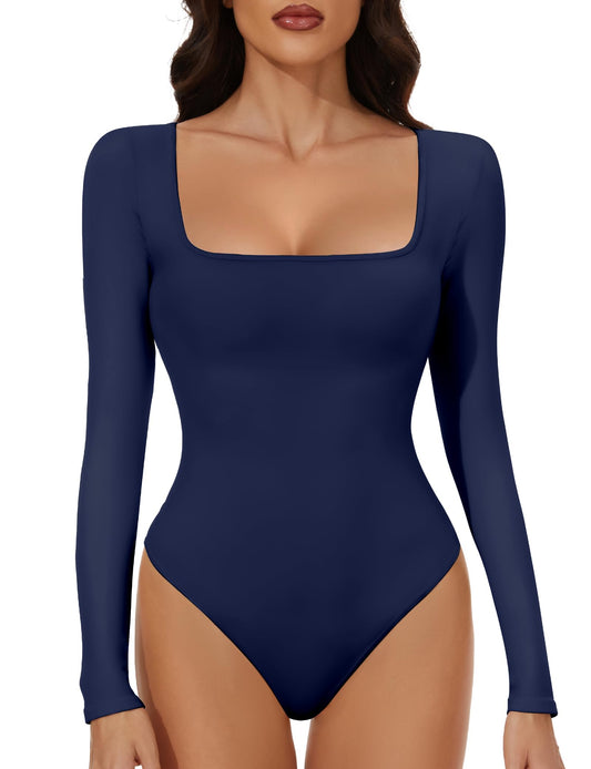 YOGINGO Long Sleeve Square Neck Bodysuits for Womens Going Out Body Suits Basic Leotards Jumpsuits Outfits Shirt Tops Halloween Fall Outfits Skims Dupe Tummy Contro Blue M