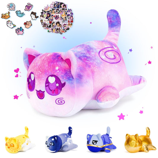 KOWSI 69-PCS 11-inches Galaxy Cat Plush + 60-Sticker + 8-Pcs Shoe Charms - Galaxy Cat Collection - 100% Embroidered Plushie - Cat Stuffed Animal Collectible (Galaxy Cat)