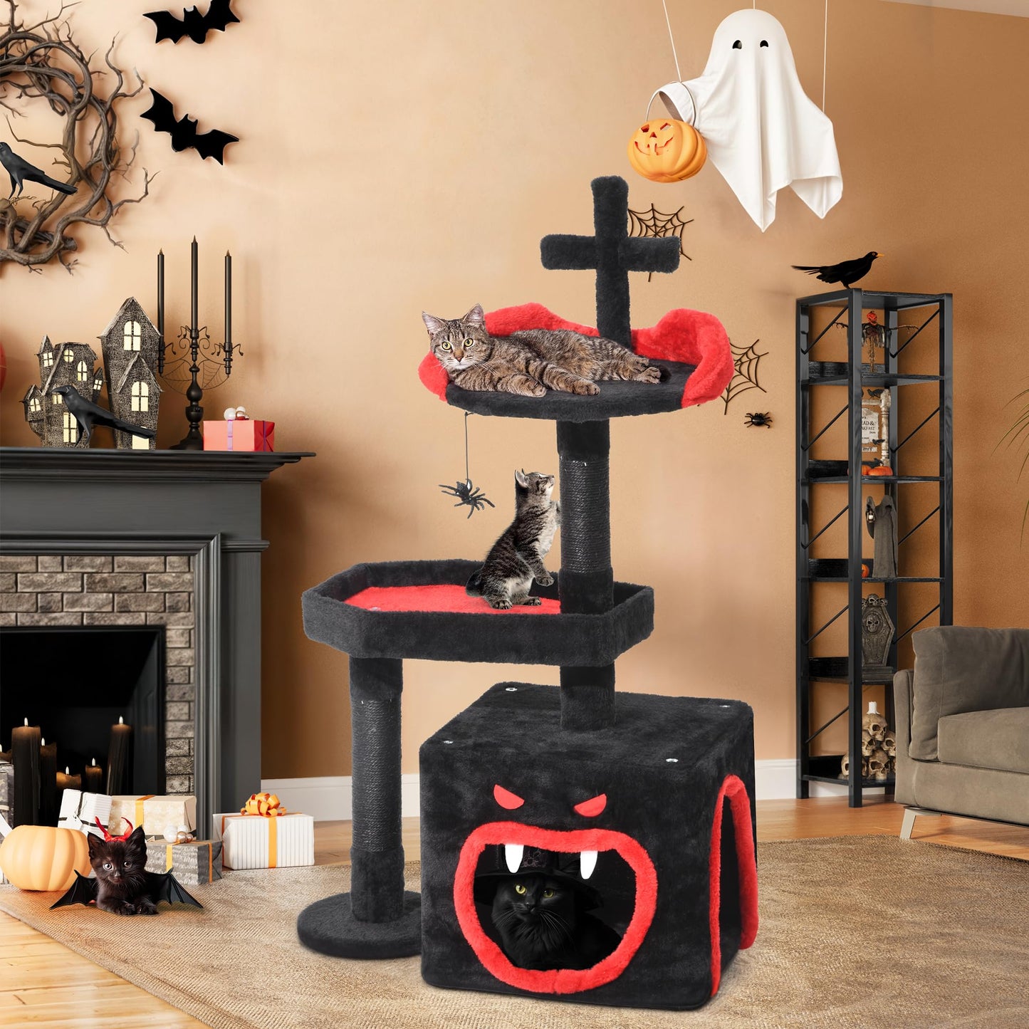 YITAHOME Gothic Cat Tree with Coffin Bed 38.6" Cat Tower for Indoor Cats with Spacious Cat Condo Spider Hanging Ball Scratching Post Black Halloween