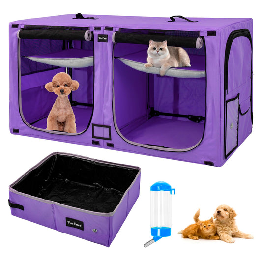 PETEASE Portable Double Dog Cat CrateTwin Compartment Cat Show House Cat CondoCat Travel Carrier Cages with Litter Box Water Bottle Mat and hamockTwo Room Cat Enclosure Playpen